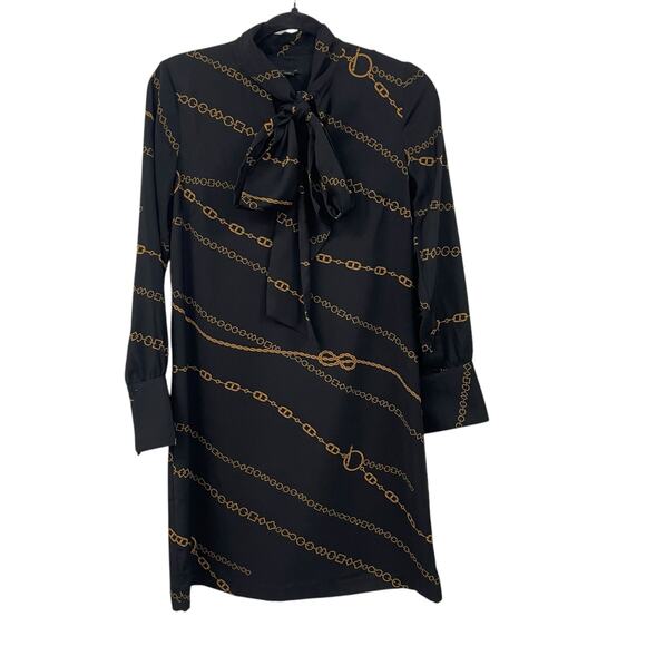Ann Taylor Chain Print Tie Neck Shift Dress Black Brown Womens XS - Picture 1 of 7